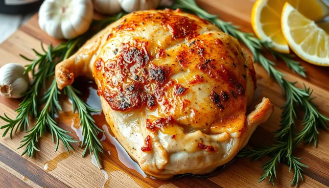 A beautifully roasted bone-in chicken breast, showcasing its golden-brown skin and tender meat.