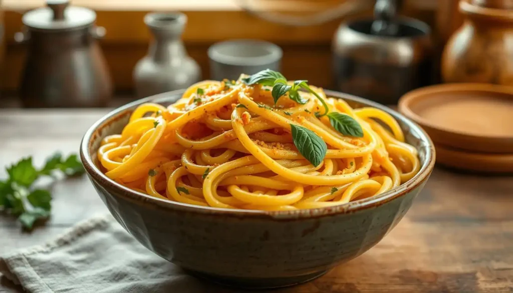 A delicious display of homemade Amish noodles served with fresh ingredients like tomatoes, herbs, and eggs on a rustic wooden table, showcasing the essence of homemade goodness.