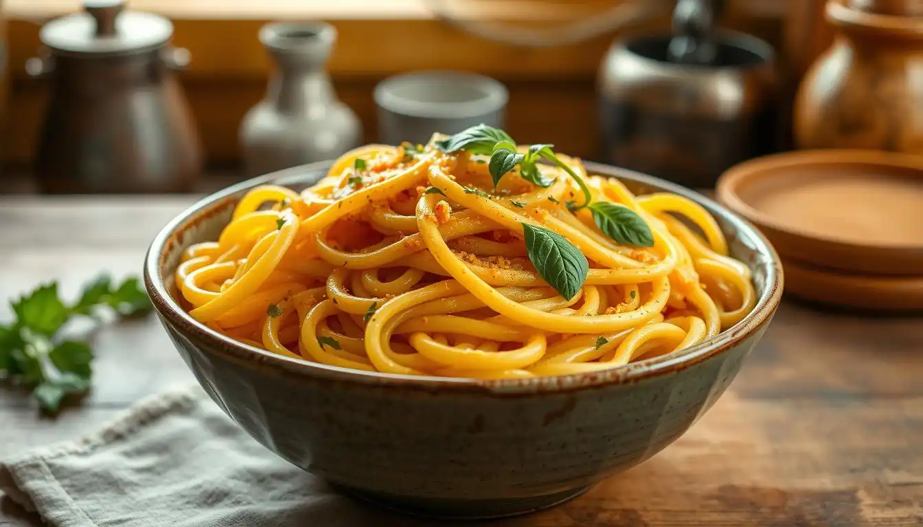 A delicious display of homemade Amish noodles served with fresh ingredients like tomatoes, herbs, and eggs on a rustic wooden table, showcasing the essence of homemade goodness.