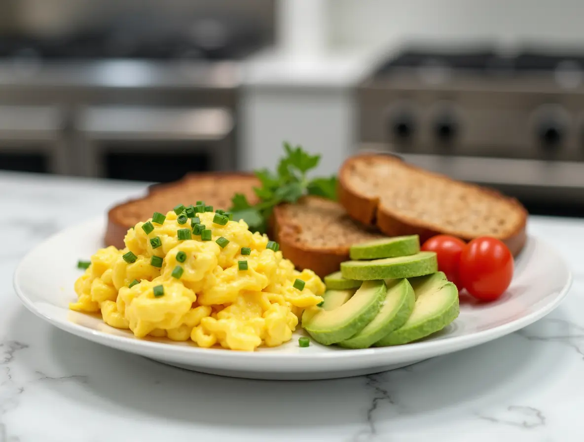 Delicious scrambled egg breakfast plate with eggs, vegetables, and toast on a white plate
