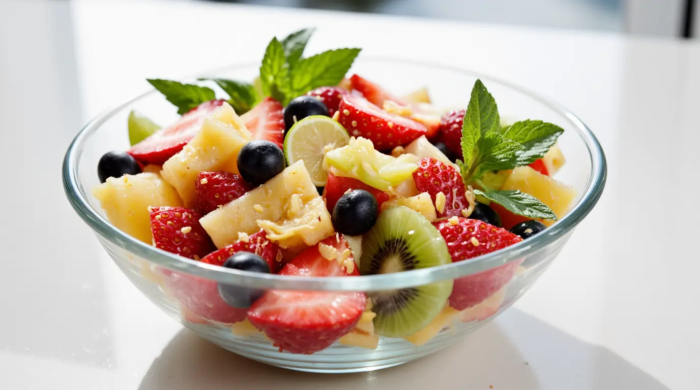 Colorful fruit salad with honey-lime dressing in a glass bowl.