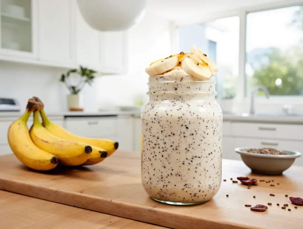 Smooth and creamy banana chia pudding in a glass jar with sliced bananas and chia seeds.