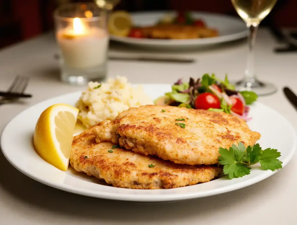 A golden, crispy chicken cutlet served with lemon wedges and salad greens.