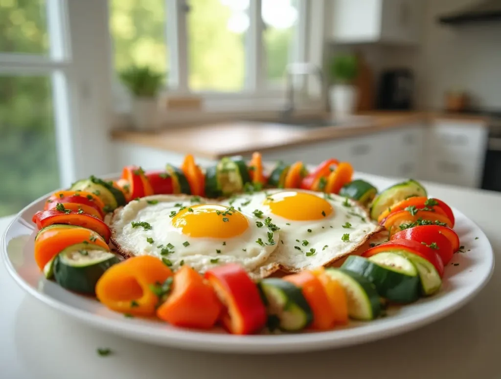 Sunny-side up breakfast with rolled veggies plated for a nutritious morning meal.
