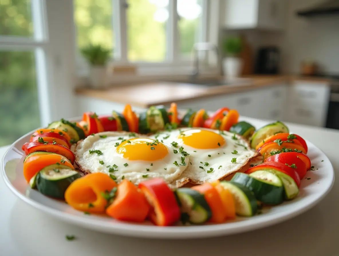Sunny-side up breakfast with rolled veggies plated for a nutritious morning meal.