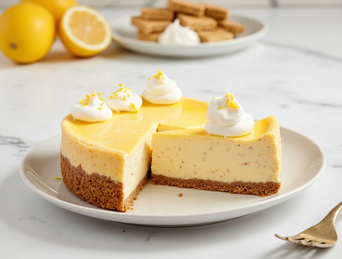 Lemon Cheesecake with a Zesty Twist garnished with lemon slices and zest