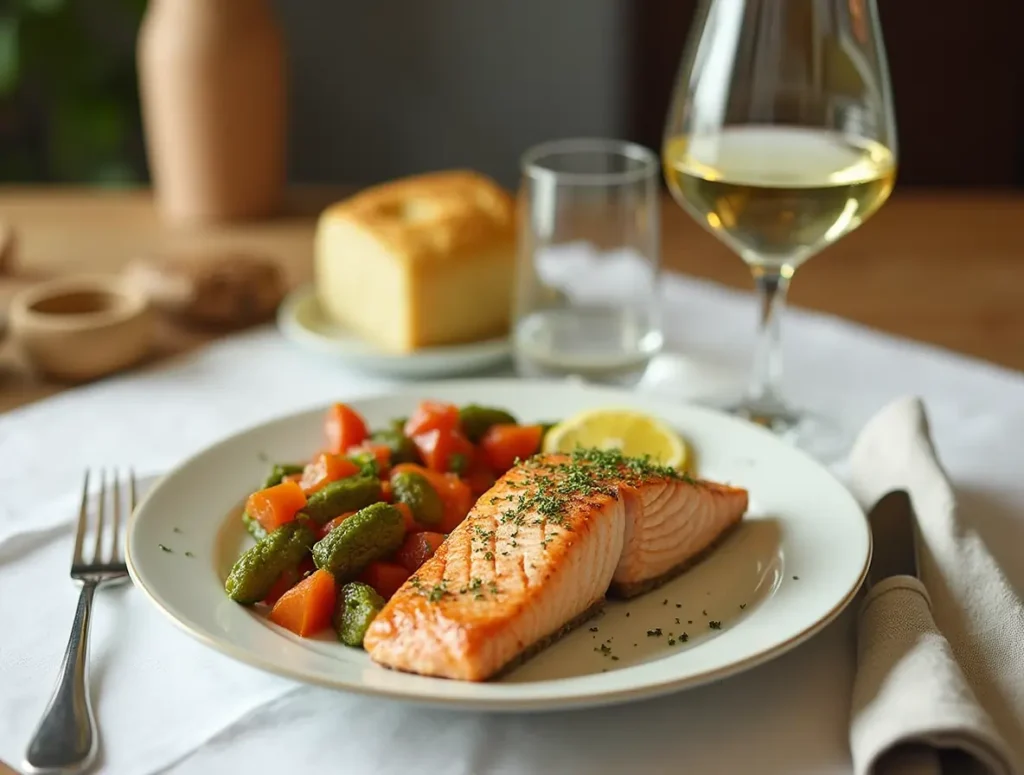 Lemon Herb Grilled Salmon sizzling on a grill with fresh herbs and lemon slices.
