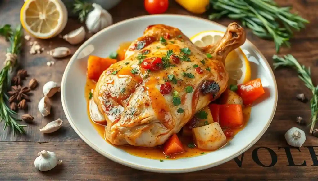 Baked bone-in chicken breast served with roasted vegetables, including carrots, Brussels sprouts, and potatoes, garnished with rosemary on a rustic plate.