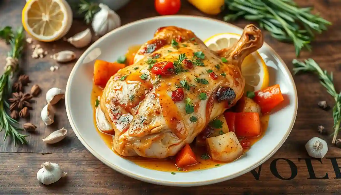 Baked bone-in chicken breast served with roasted vegetables, including carrots, Brussels sprouts, and potatoes, garnished with rosemary on a rustic plate.