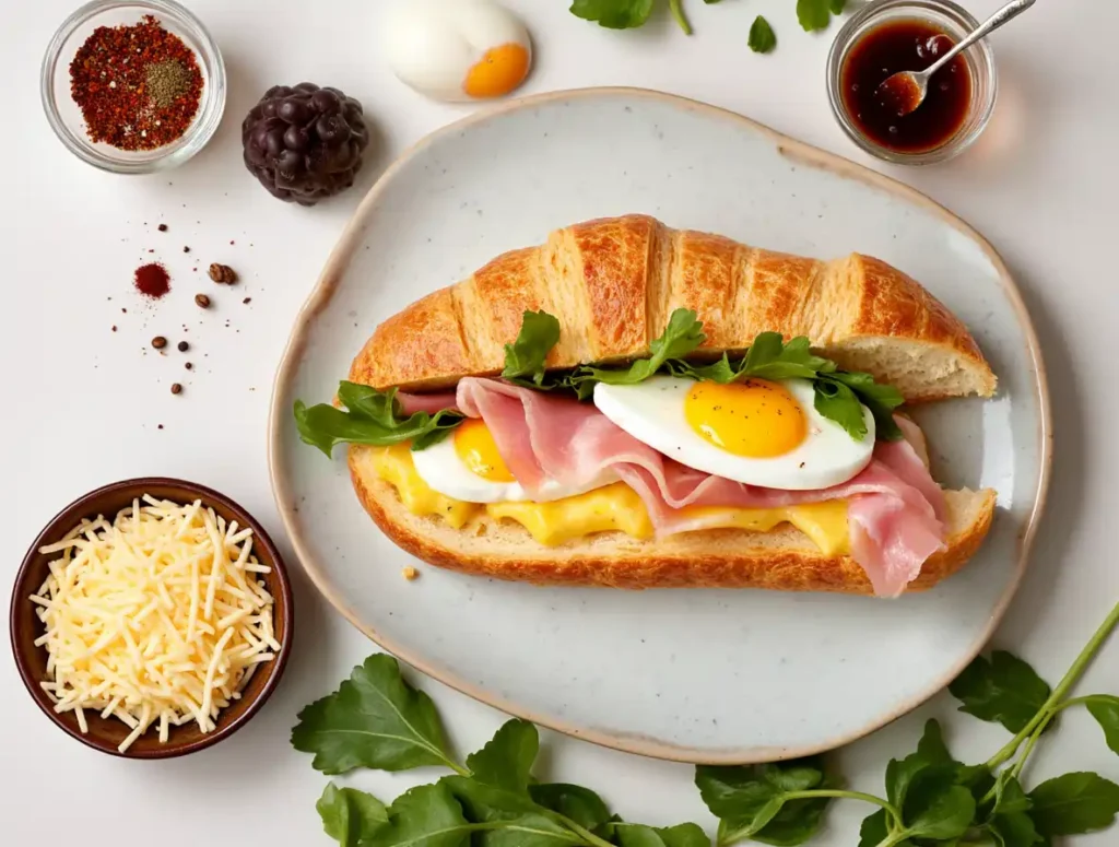 A fresh, golden breakfast croissant sandwich with eggs, ham, cheese, and greens.