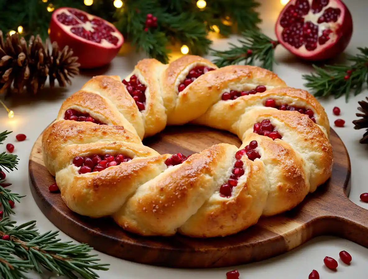 A beautiful and golden Festive Cranberry Brie Puff Pastry Wreath surrounded by holiday decor.