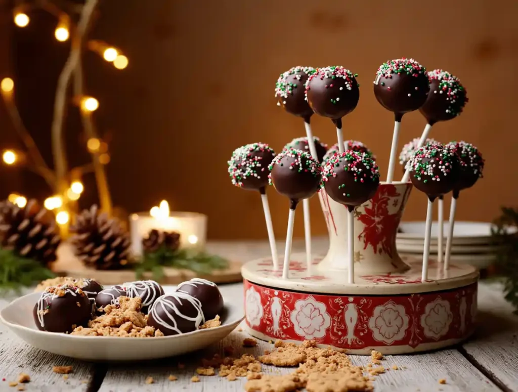 Gluten-Free Chocolate Gingerbread Cake Pops displayed on a festive plate.
