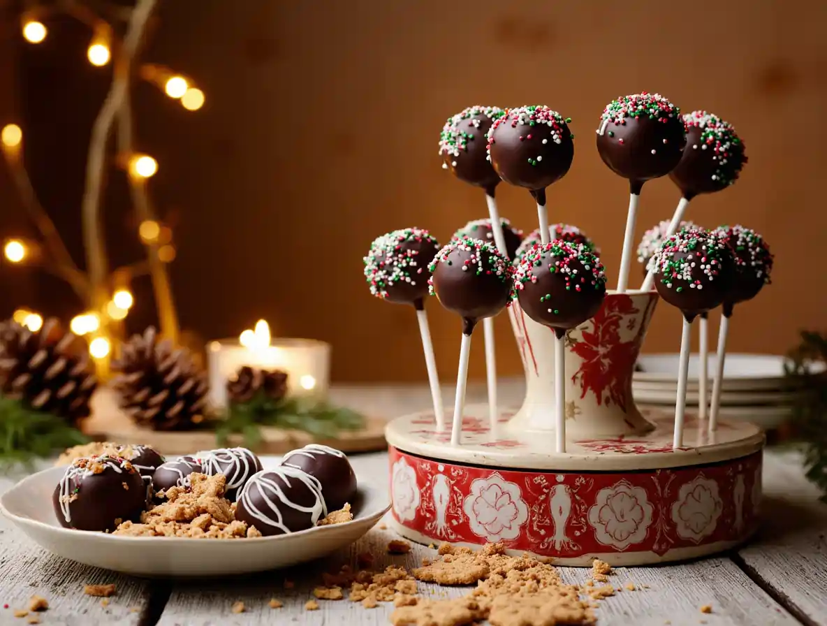 Gluten-Free Chocolate Gingerbread Cake Pops displayed on a festive plate.