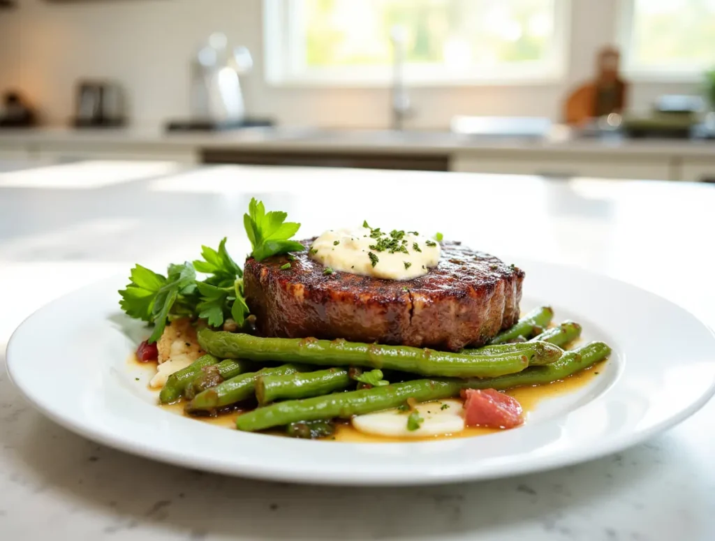 A perfectly seared Wagyu steak topped with melting garlic herb butter.