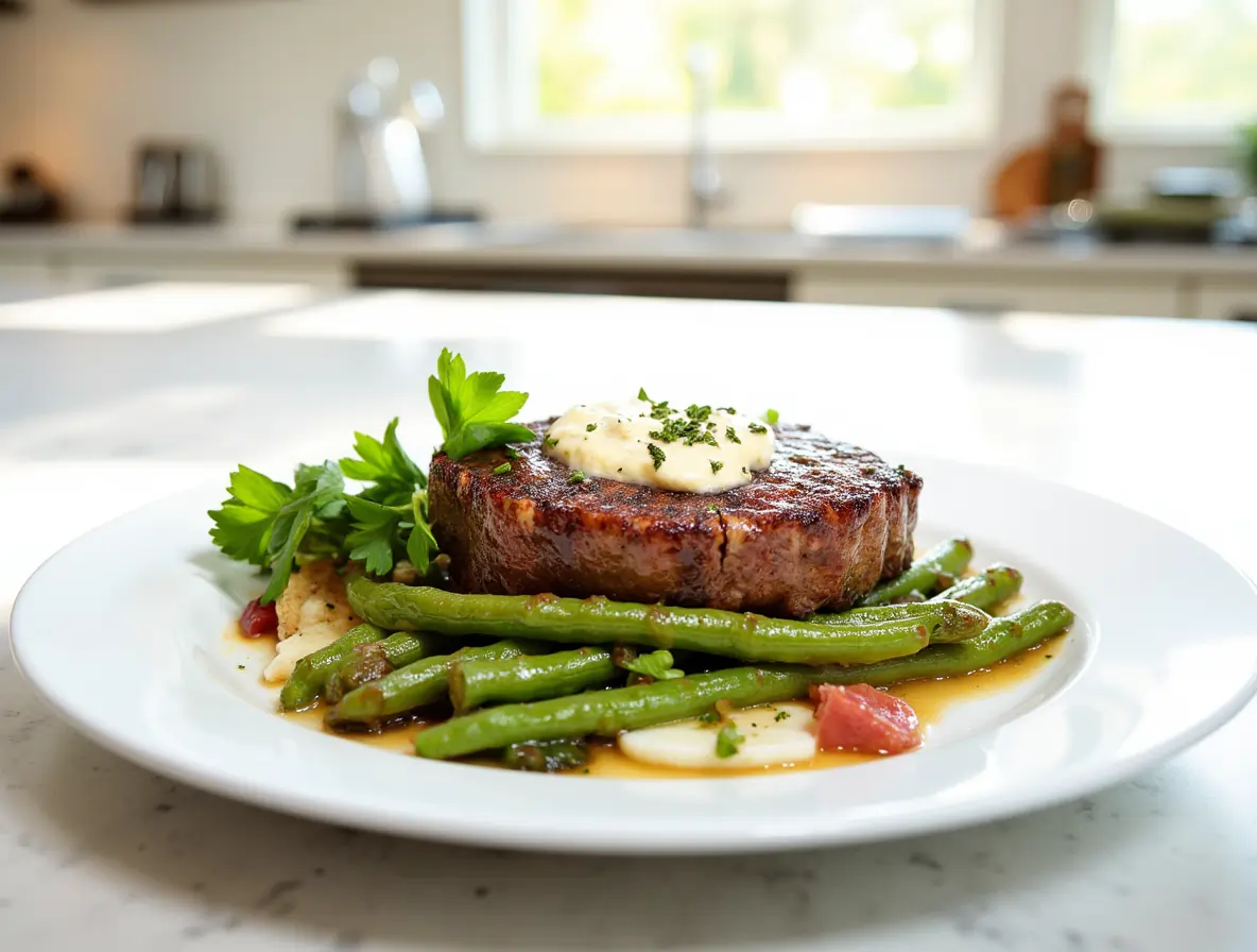 A perfectly seared Wagyu steak topped with melting garlic herb butter.