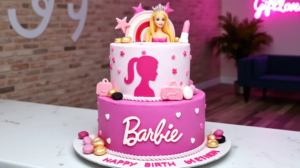 Beautiful homemade Barbie cake with a pastel pink buttercream gown, delicate swirls, and edible glitter, displayed on a white cake stand in a cozy kitchen setting.