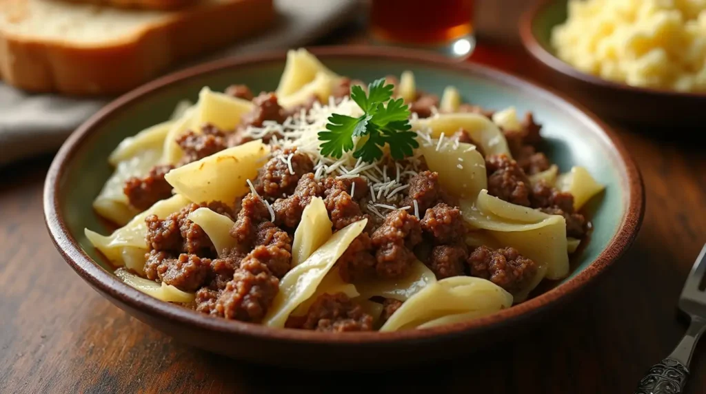 Essential ingredients for classic ground beef cabbage recipe including ground beef, shredded green cabbage, onions, garlic, bell peppers, and spices arranged on a rustic wooden countertop.