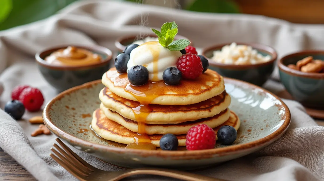 A stack of golden-brown mini pancakes topped with fresh berries, drizzled with maple syrup, and served with a dollop of dairy-free yogurt on a rustic plate.