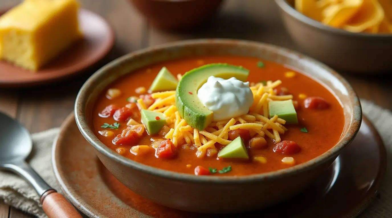 A steaming bowl of Spark Recipes Chicken Taco Soup with shredded cheese, sour cream, avocado slices, and tortilla chips, served in a rustic bowl.