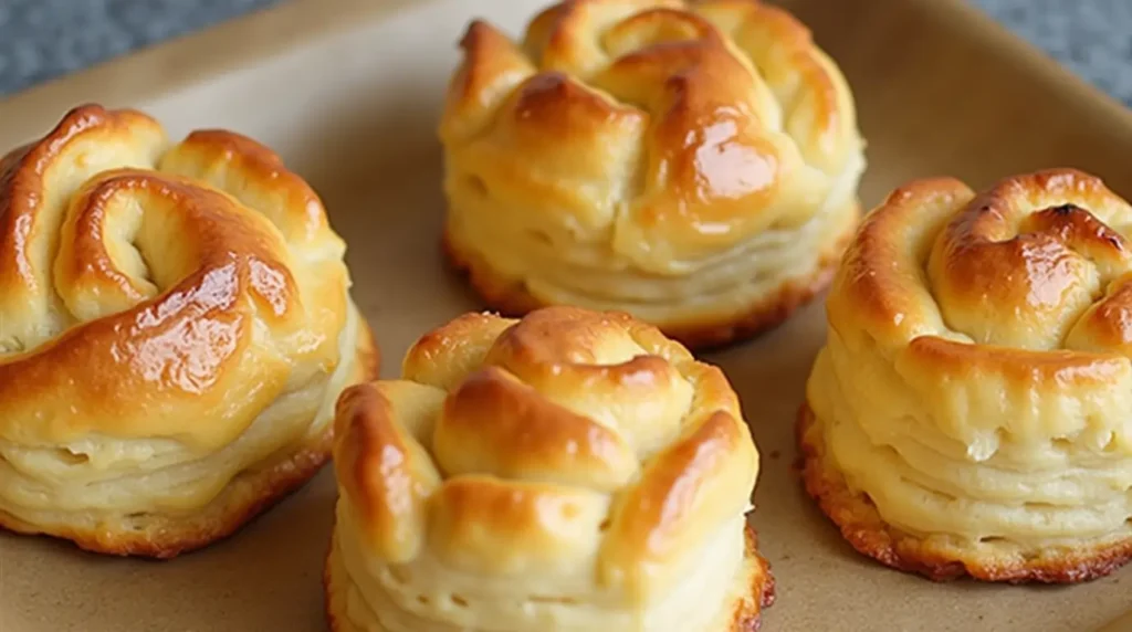 Freshly baked Authentic Gipfeli Recipe: How to Make Swiss Croissants at Home with a golden, flaky crust, served on a wooden board with butter and jam.