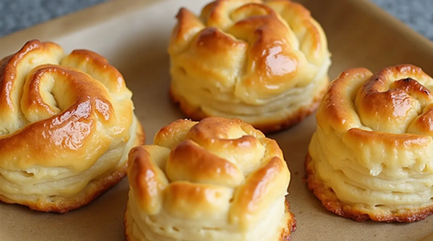 Freshly baked Authentic Gipfeli Recipe: How to Make Swiss Croissants at Home with a golden, flaky crust, served on a wooden board with butter and jam.