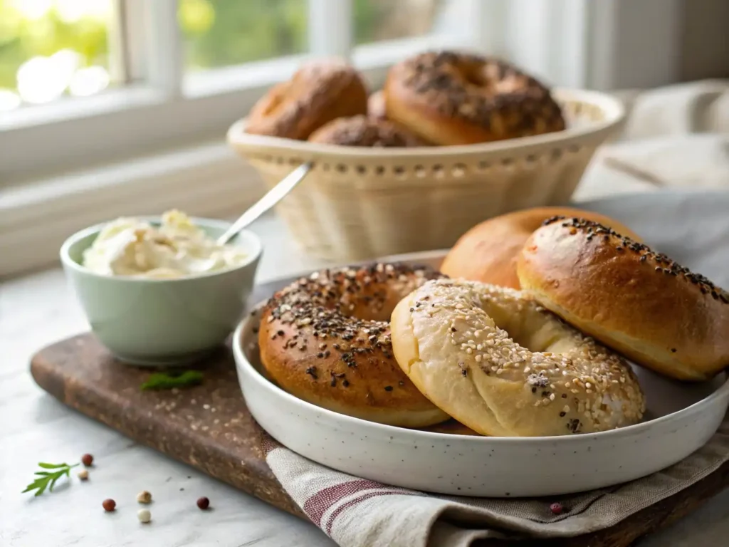 A basket filled with freshly baked homemade bagels, showcasing a golden-brown crust with toppings like sesame seeds and poppy seeds, served with cream cheese and smoked salmon on a rustic kitchen table.