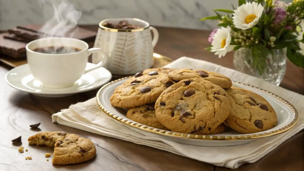 An elegant plate of freshly baked Crumbl Cookies, showcasing their golden-brown color and gooey chocolate chips, set on a polished wooden table with a soft linen napkin. A small vase of fresh flowers and a steaming cup of coffee complete the cozy and refined setting, highlighted by natural, warm lighting.
