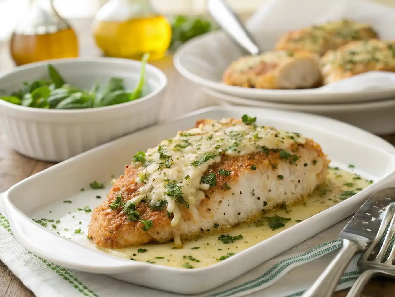 Golden brown Parmesan Herb Crusted Chicken sliced to reveal a juicy interior, served with roasted vegetables and fresh herbs on a rustic plate.