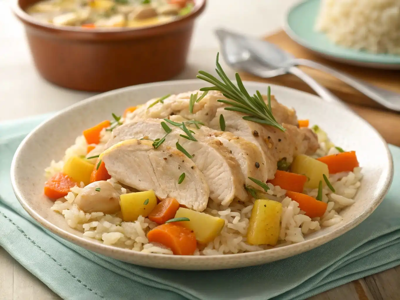 A mouthwatering, vibrant final dish of frozen chicken breast crock pot recipe, where tender, juicy chicken is elegantly shredded and served on a rustic plate, accompanied by a medley of roasted vegetables—carrots, potatoes, and onions—glowing with a golden-brown finish. The chicken is garnished with fresh herbs and a drizzle of rich sauce. The scene is set in a warm, inviting kitchen with soft sunlight streaming through the window, casting a cozy, homey glow over the meal, complete with a vintage wooden spoon and napkin beside the plate for an extra touch of charm.