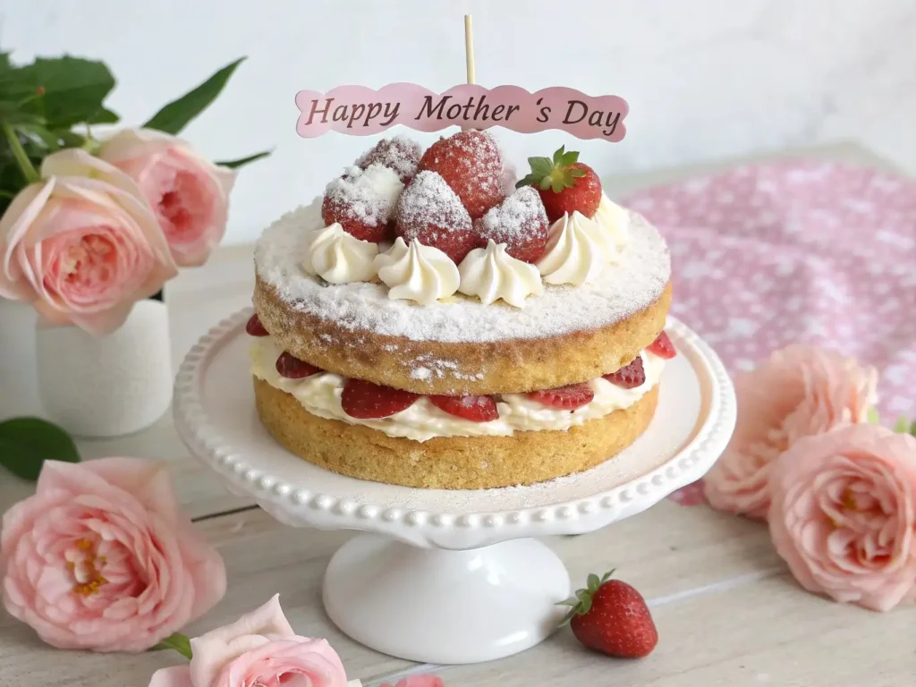 Beautiful homemade Happy Mother’s Day cake with whipped cream frosting and strawberries, decorated with pink icing writing