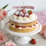 Beautiful homemade Happy Mother’s Day cake with whipped cream frosting and strawberries, decorated with pink icing writing
