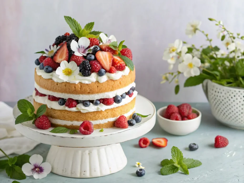 Elegant Mothers Day cake topped with whipped cream and fresh berries on a white cake stand