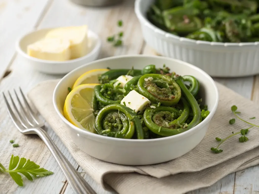 garlic butter fiddlehead recipes with lemon and parsley