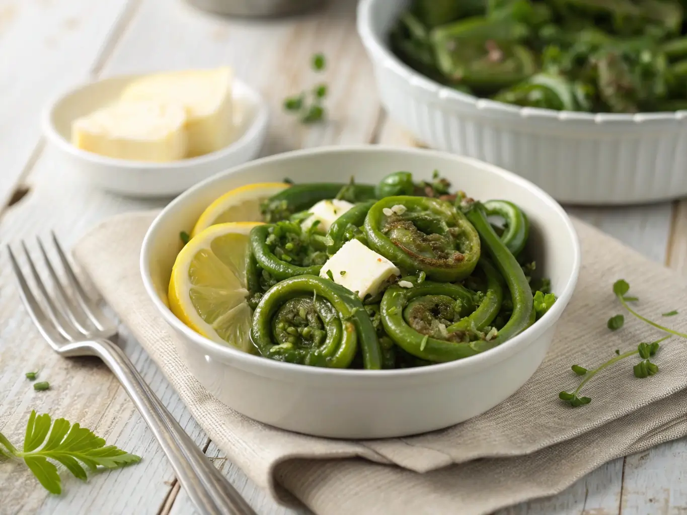 garlic butter fiddlehead recipes with lemon and parsley