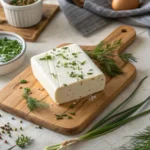 Fresh homemade white cheese block garnished with herbs on a rustic wooden board in natural light