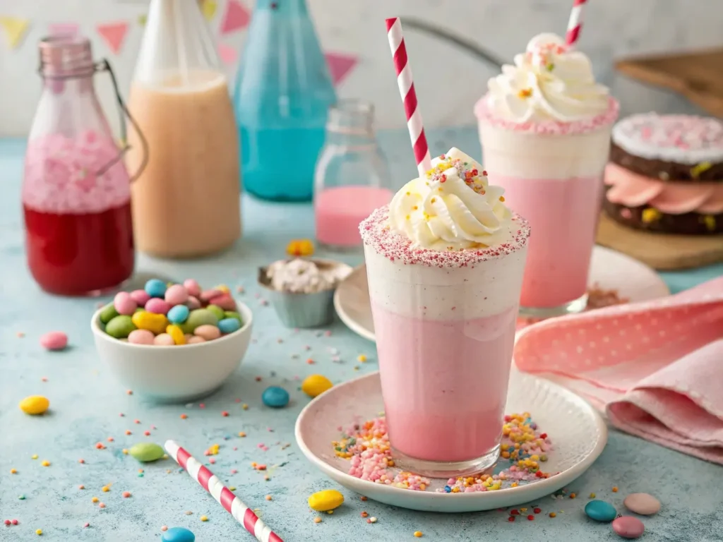 Served Candy Bubble Bliss drinks with whipped cream and sprinkles in a festive party setting
