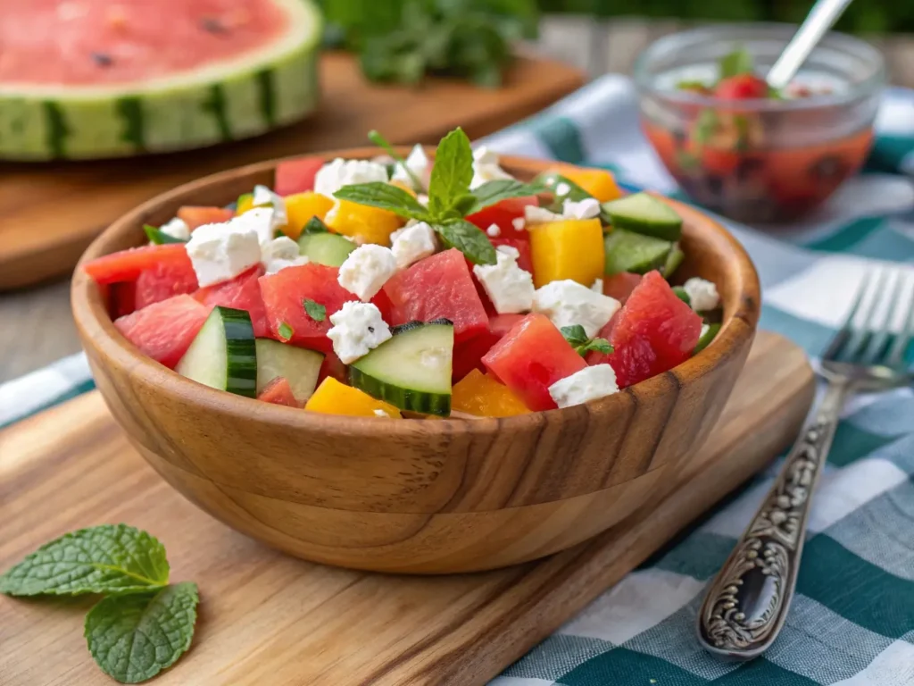 Fresh and colorful summer salad recipe with seasonal fruits, crisp vegetables, and light dressing, perfect for hot weather meals