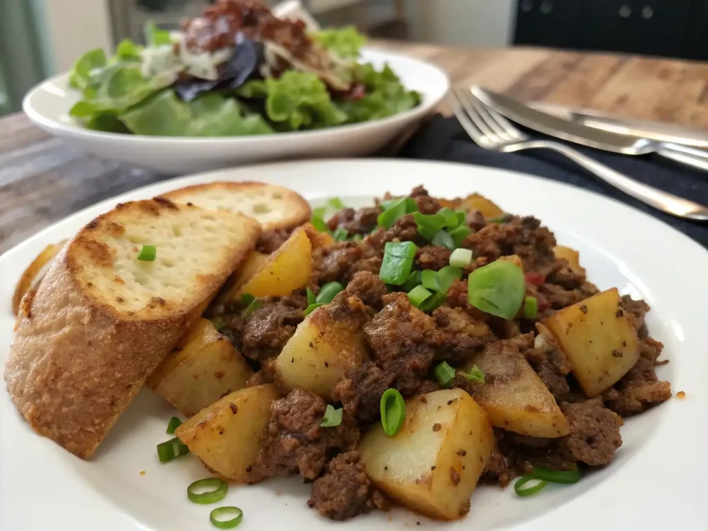 Plated ground beef and potato recipe with green onions and salad