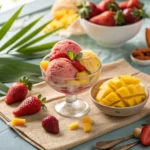 Assorted Ninja Creami ice cream recipes in colorful bowls including chocolate, mango, strawberry, and vanilla flavors with creamy textures