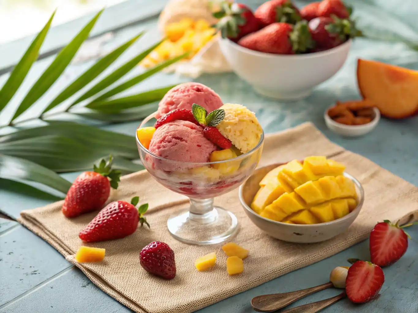 Assorted Ninja Creami ice cream recipes in colorful bowls including chocolate, mango, strawberry, and vanilla flavors with creamy textures