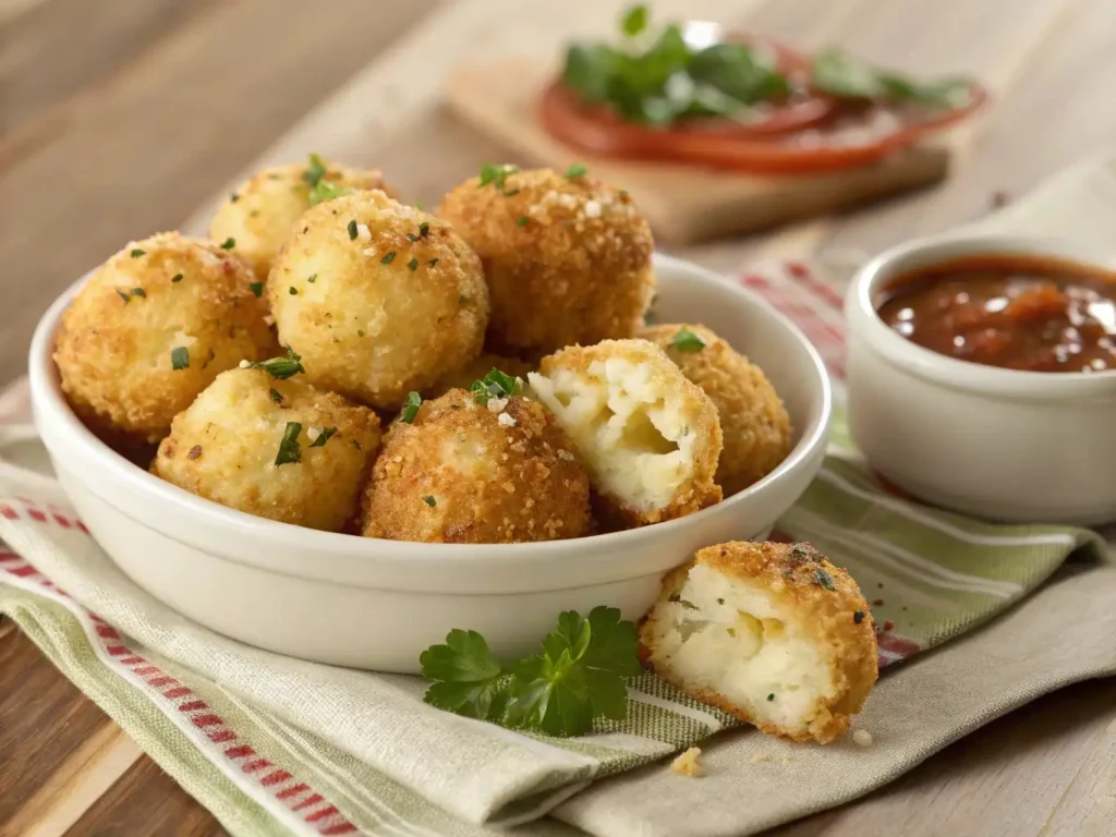 Crispy Cheesy Parmesan Mozzarella Bites served in a dish with marinara sauce
