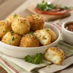 Crispy Cheesy Parmesan Mozzarella Bites served in a dish with marinara sauce