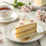 Slice of Mother’s Day cake served on a plate with tea and flowers in a spring setting