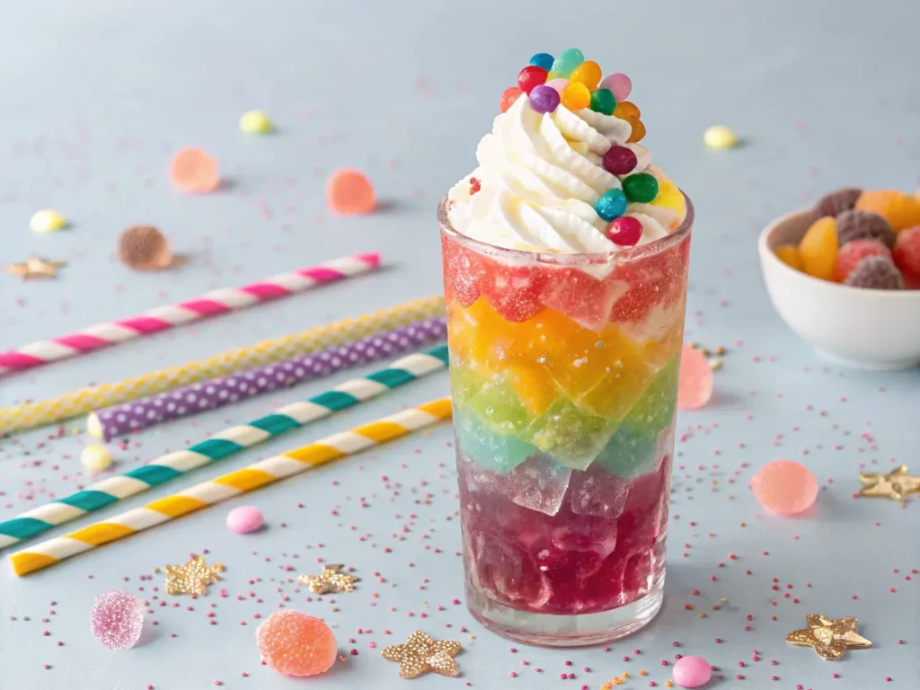 Colorful Candy Bubble Bliss drink in a clear glass with popping boba, gummy candies, and whipped cream, styled for a fun party vibe