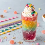Colorful Candy Bubble Bliss drink in a clear glass with popping boba, gummy candies, and whipped cream, styled for a fun party vibe