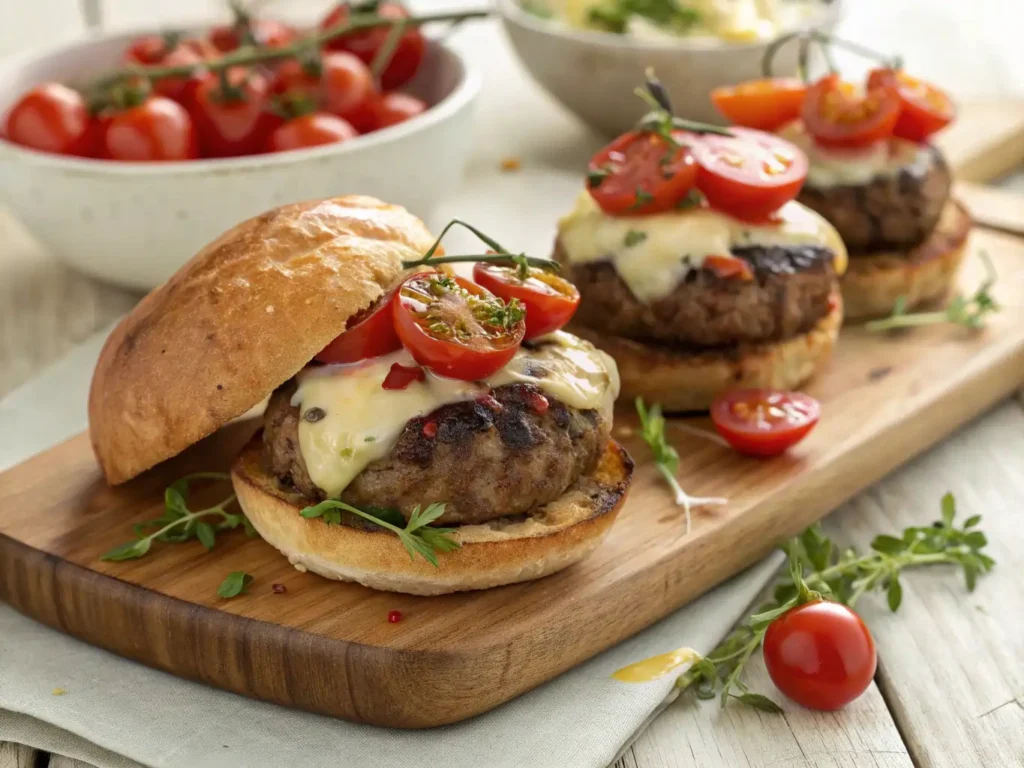 grilled summer ground beef sliders with cheese and fresh toppings