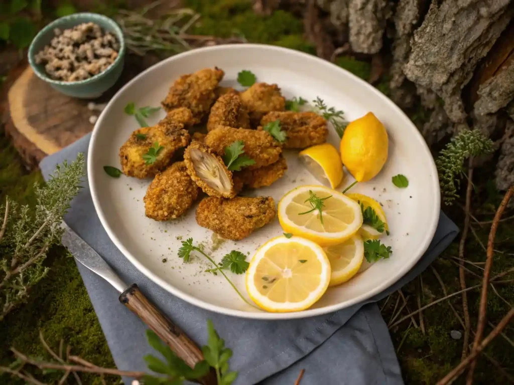 Fried morel mushrooms served golden brown on a rustic plate