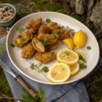Fried morel mushrooms served golden brown on a rustic plate
