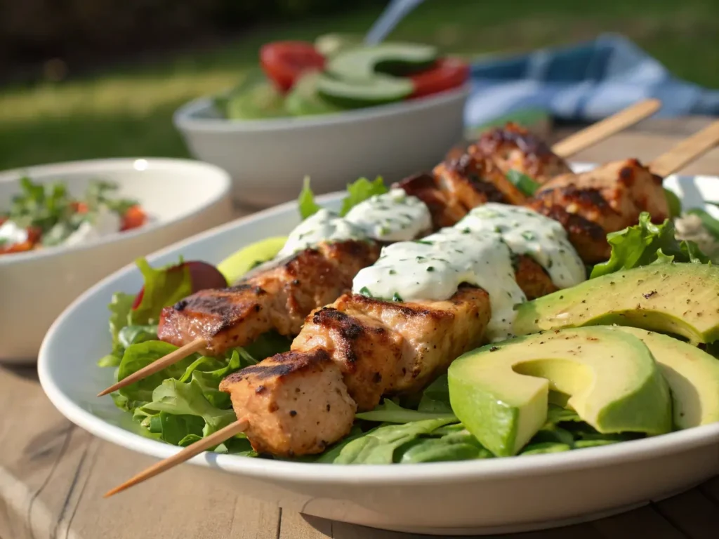 BBQ Chicken Skewer Salad with avocado, corn, romaine, and ranch