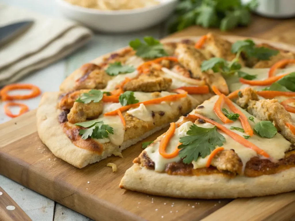 Thai chicken pizza recipe with peanut sauce, chicken, and cilantro on crust